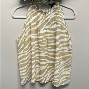 NWT Ann Taylor Zebra Print Ruffle Smocked Neck Sleeveless Keyhole Back Blouse MP